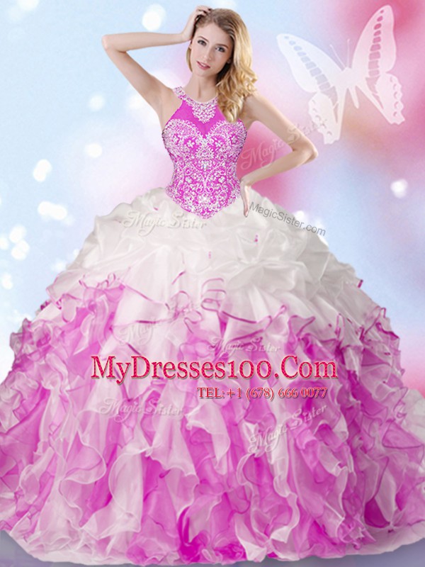 Lovely Multi-color Lace Up Halter Top Beading and Ruffles and Pick Ups Quinceanera Gowns Organza Sleeveless