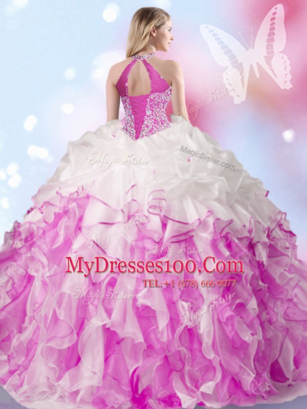 Lovely Multi-color Lace Up Halter Top Beading and Ruffles and Pick Ups Quinceanera Gowns Organza Sleeveless