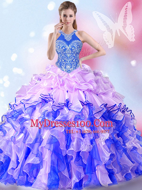 Stunning Multi-color Lace Up Halter Top Beading and Ruffles and Pick Ups Sweet 16 Quinceanera Dress Organza Sleeveless