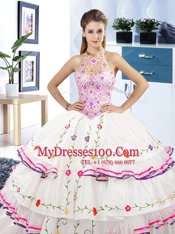 Halter Top White Lace Up Sweet 16 Dresses Embroidery and Ruffled Layers Sleeveless Floor Length