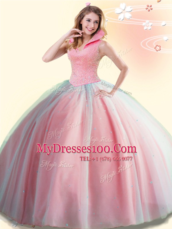 Watermelon Red Ball Gowns High-neck Sleeveless Tulle Floor Length Backless Beading Quinceanera Dress