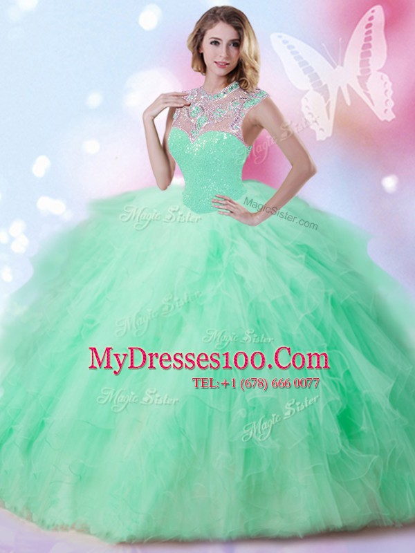 Exceptional Sequins High-neck Sleeveless Zipper Ball Gown Prom Dress Apple Green Tulle