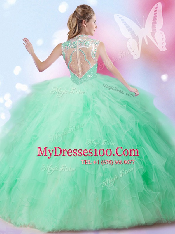 Exceptional Sequins High-neck Sleeveless Zipper Ball Gown Prom Dress Apple Green Tulle