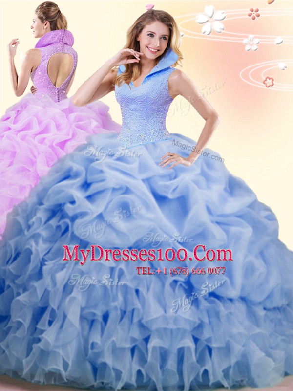 Pretty Sleeveless Organza Brush Train Backless Vestidos de Quinceanera in Blue with Beading and Ruffles and Pick Ups