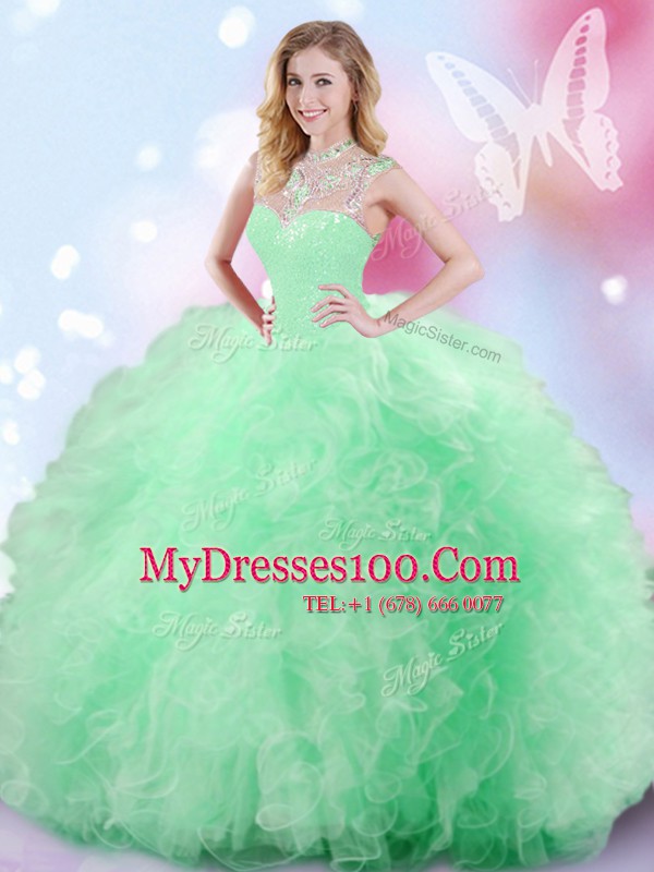 Apple Green Sleeveless Beading and Ruffles and Sequins Floor Length Quinceanera Gowns