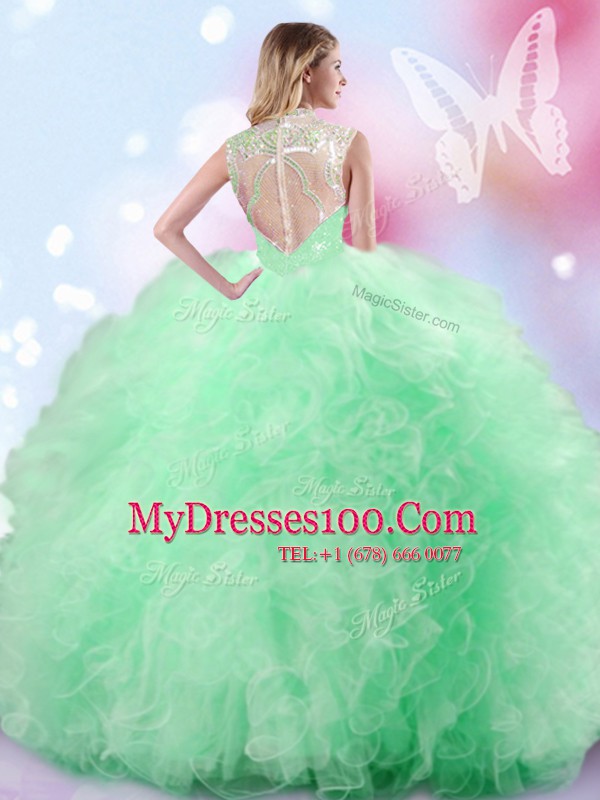 Apple Green Sleeveless Beading and Ruffles and Sequins Floor Length Quinceanera Gowns