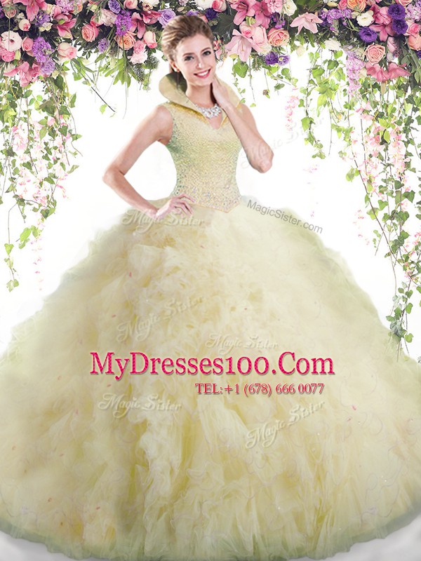 Sleeveless Floor Length Beading and Ruffles Backless Sweet 16 Dress with Light Yellow