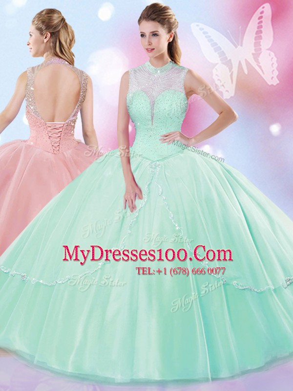 Floor Length Lace Up Sweet 16 Quinceanera Dress Apple Green for Military Ball and Sweet 16 and Quinceanera with Beading