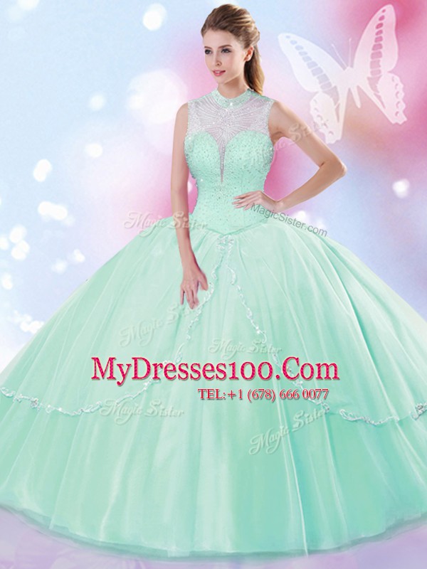 Floor Length Lace Up Sweet 16 Quinceanera Dress Apple Green for Military Ball and Sweet 16 and Quinceanera with Beading