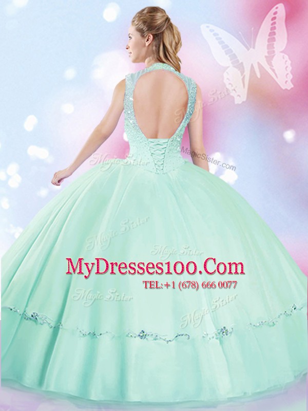 Floor Length Lace Up Sweet 16 Quinceanera Dress Apple Green for Military Ball and Sweet 16 and Quinceanera with Beading