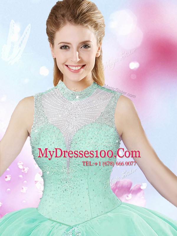 Floor Length Lace Up Sweet 16 Quinceanera Dress Apple Green for Military Ball and Sweet 16 and Quinceanera with Beading