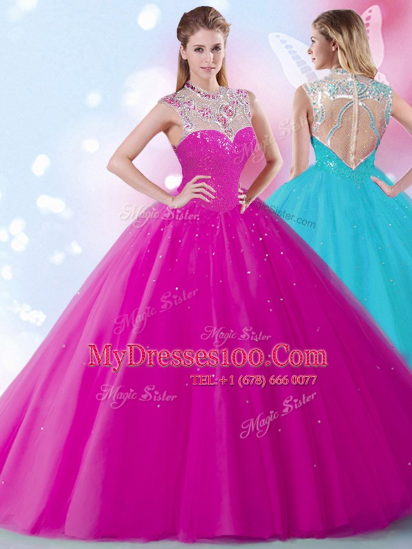 Scoop Beading and Sequins Quince Ball Gowns Fuchsia Zipper Sleeveless Floor Length
