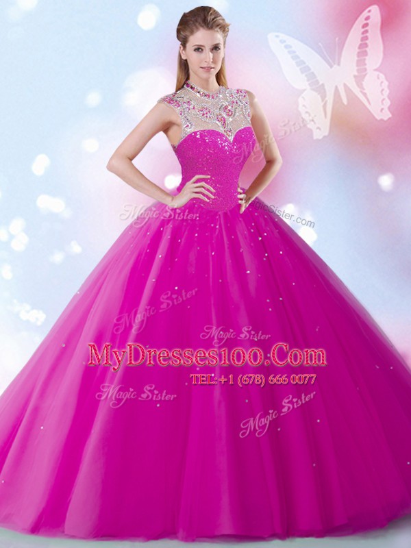 Scoop Beading and Sequins Quince Ball Gowns Fuchsia Zipper Sleeveless Floor Length