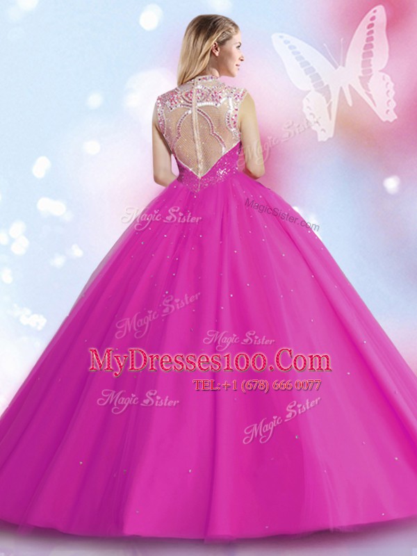 Scoop Beading and Sequins Quince Ball Gowns Fuchsia Zipper Sleeveless Floor Length