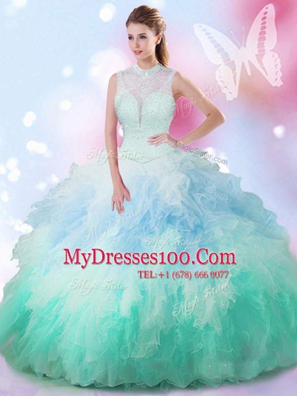 Multi-color High-neck Neckline Beading and Ruffles 15 Quinceanera Dress Sleeveless Lace Up