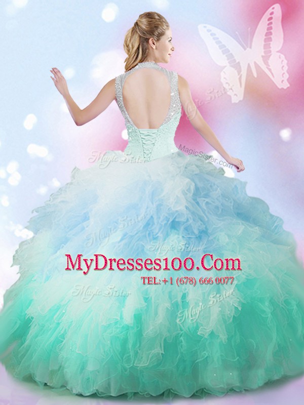 Multi-color High-neck Neckline Beading and Ruffles 15 Quinceanera Dress Sleeveless Lace Up