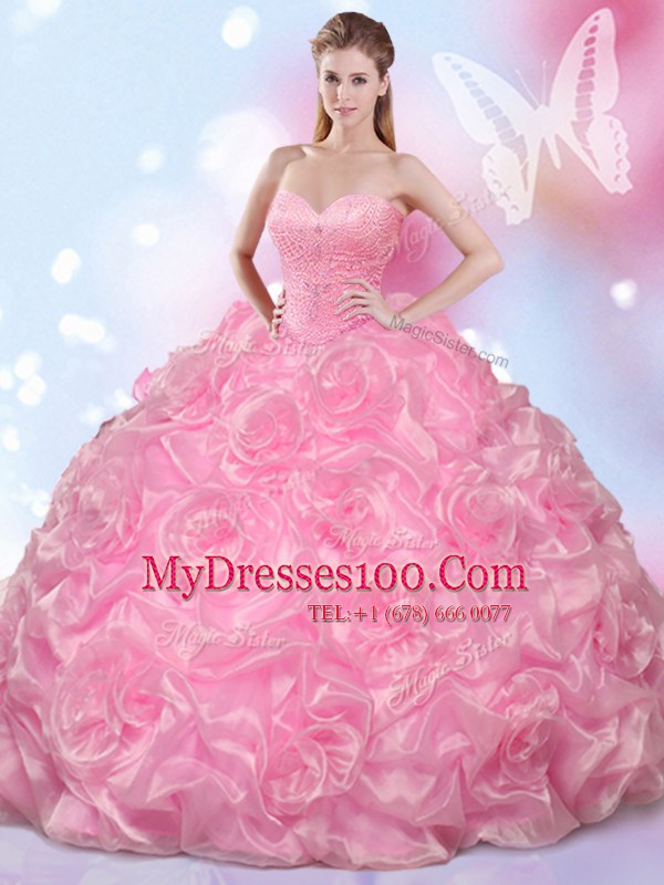 Colorful Rose Pink Lace Up Quinceanera Gowns Beading Sleeveless Floor Length