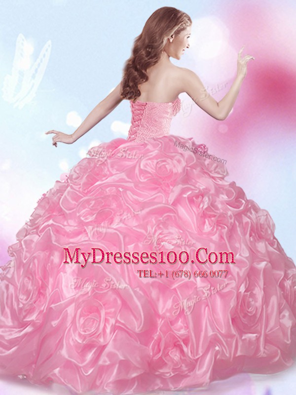 Colorful Rose Pink Lace Up Quinceanera Gowns Beading Sleeveless Floor Length