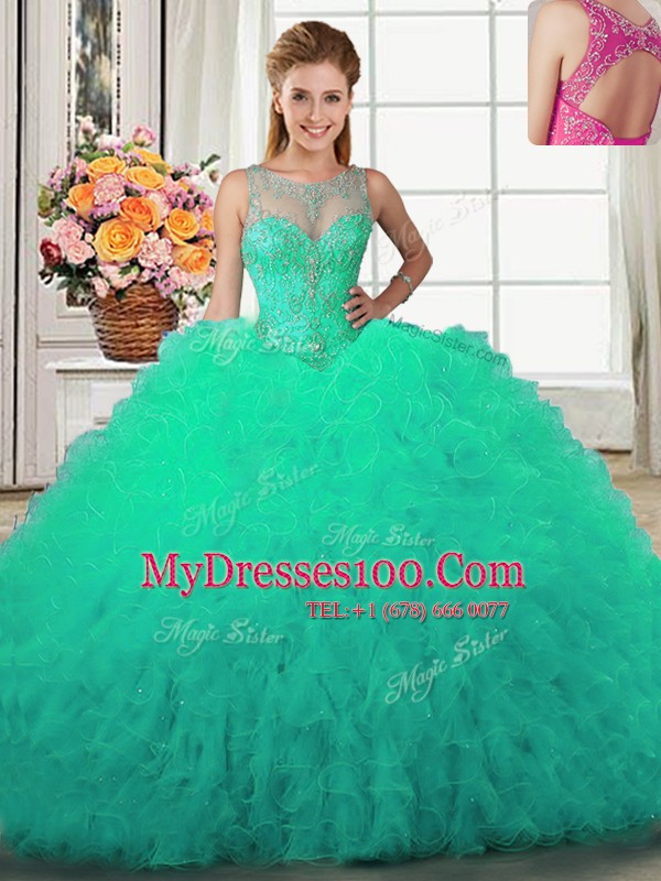 Scoop Turquoise Sleeveless Floor Length Beading and Ruffles Lace Up Vestidos de Quinceanera