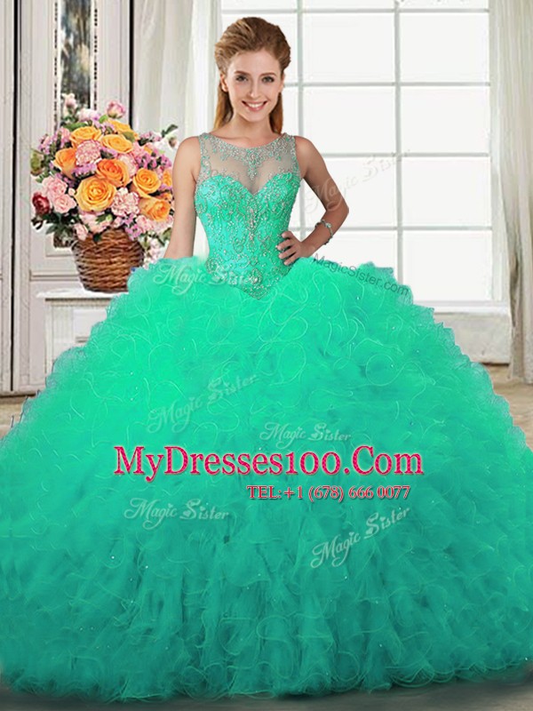 Scoop Turquoise Sleeveless Floor Length Beading and Ruffles Lace Up Vestidos de Quinceanera