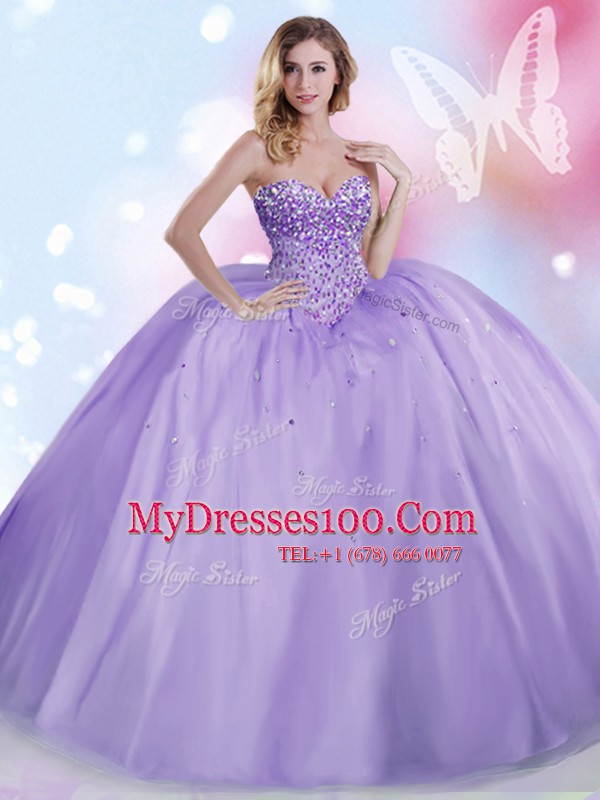 Glittering Ball Gowns Quinceanera Gown Lavender Sweetheart Tulle Sleeveless Floor Length Lace Up