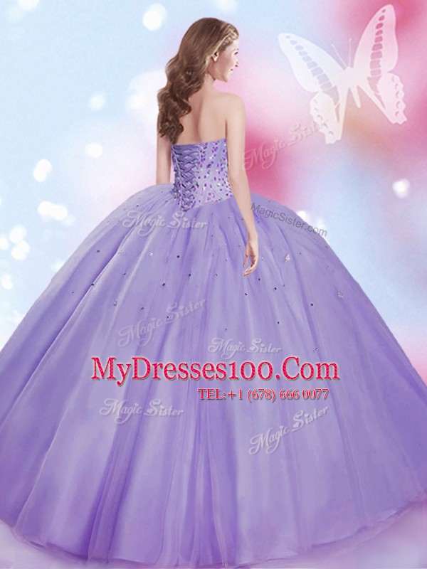 Glittering Ball Gowns Quinceanera Gown Lavender Sweetheart Tulle Sleeveless Floor Length Lace Up