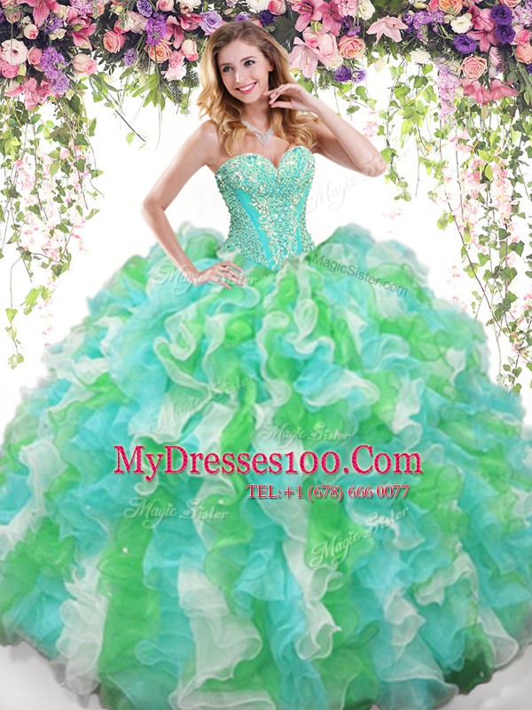Sleeveless Floor Length Beading and Ruffles Lace Up Ball Gown Prom Dress with Multi-color