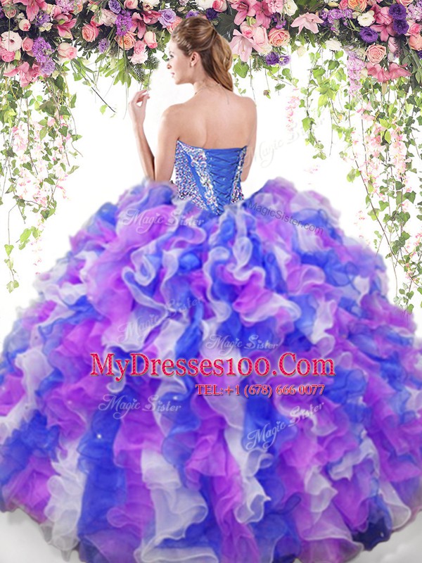 Sleeveless Floor Length Beading and Ruffles Lace Up Ball Gown Prom Dress with Multi-color