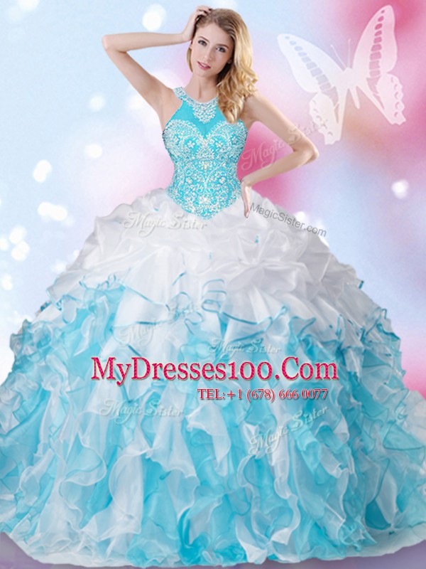Halter Top Sleeveless Beading and Ruffles and Pick Ups Lace Up Vestidos de Quinceanera