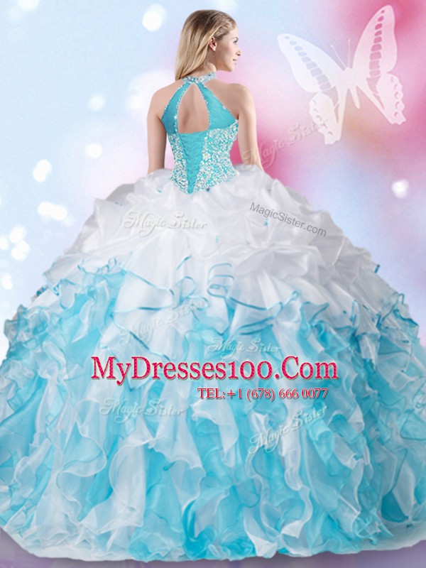Halter Top Sleeveless Beading and Ruffles and Pick Ups Lace Up Vestidos de Quinceanera