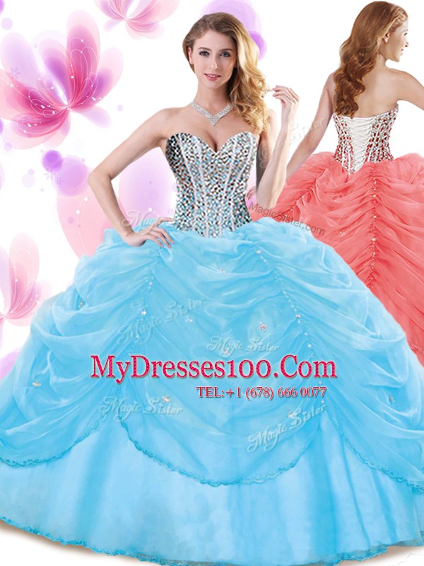 Pick Ups Ball Gowns 15th Birthday Dress Baby Blue Sweetheart Organza Sleeveless Floor Length Lace Up