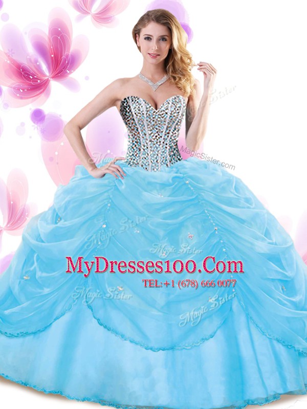 Pick Ups Ball Gowns 15th Birthday Dress Baby Blue Sweetheart Organza Sleeveless Floor Length Lace Up