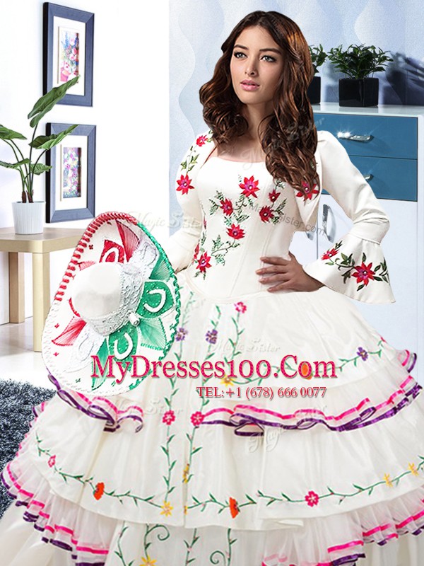 Floor Length Lace Up Sweet 16 Dresses White for Military Ball and Sweet 16 and Quinceanera with Embroidery and Ruffled Layers