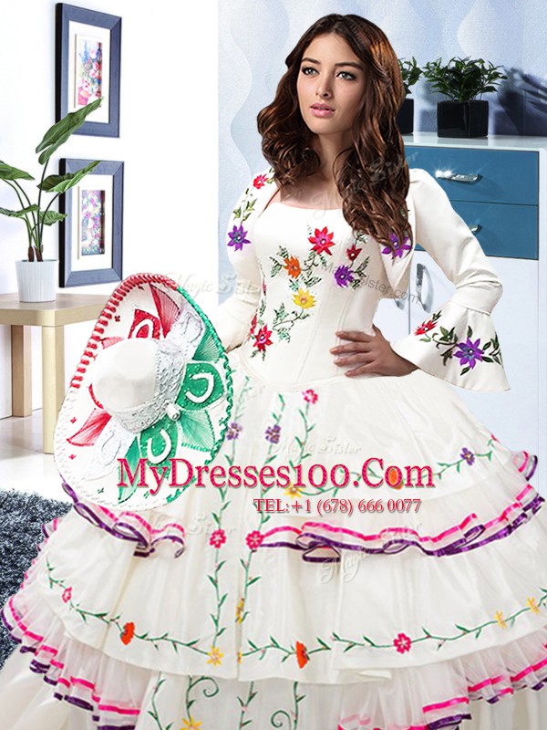 Floor Length Lace Up Sweet 16 Dresses White for Military Ball and Sweet 16 and Quinceanera with Embroidery and Ruffled Layers