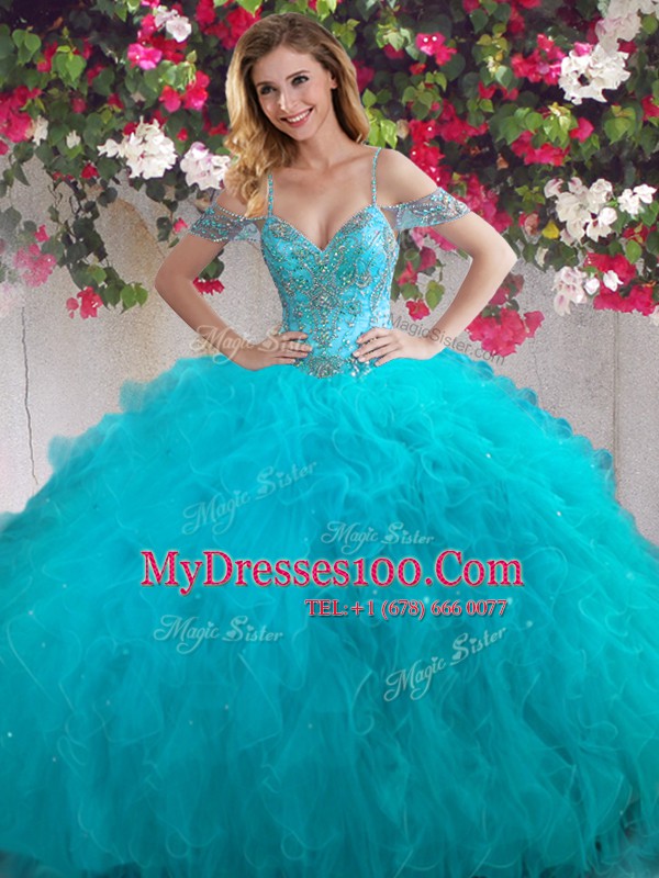 Luxurious Four Piece Teal Sweet 16 Dresses Military Ball and Sweet 16 and Quinceanera and For with Beading and Ruffles Off The Shoulder Sleeveless Lace Up