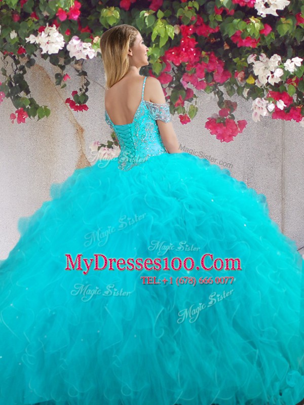 Luxurious Four Piece Teal Sweet 16 Dresses Military Ball and Sweet 16 and Quinceanera and For with Beading and Ruffles Off The Shoulder Sleeveless Lace Up