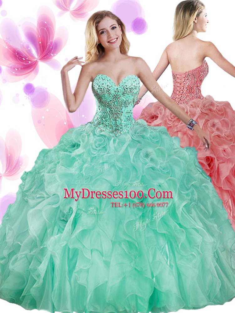 Apple Green Lace Up Quince Ball Gowns Beading and Ruffles Sleeveless Floor Length