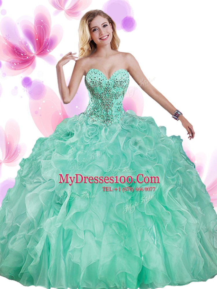 Apple Green Lace Up Quince Ball Gowns Beading and Ruffles Sleeveless Floor Length