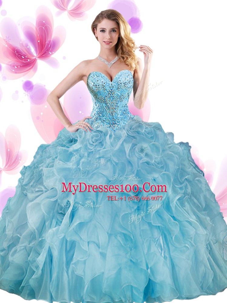 Apple Green Lace Up Quince Ball Gowns Beading and Ruffles Sleeveless Floor Length