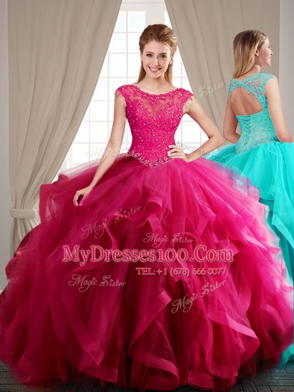 Scoop Hot Pink Tulle Lace Up Sweet 16 Dresses Cap Sleeves With Brush Train Beading and Appliques and Ruffles
