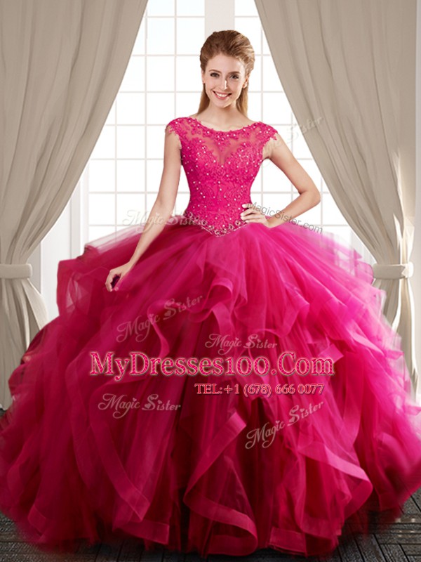 Scoop Hot Pink Tulle Lace Up Sweet 16 Dresses Cap Sleeves With Brush Train Beading and Appliques and Ruffles