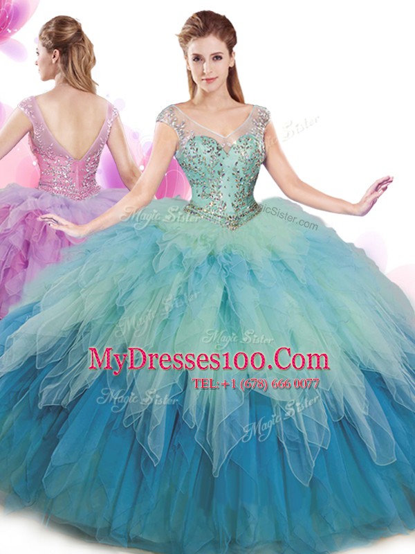 Multi-color Tulle Lace Up V-neck Cap Sleeves Floor Length Sweet 16 Dresses Beading and Ruffles