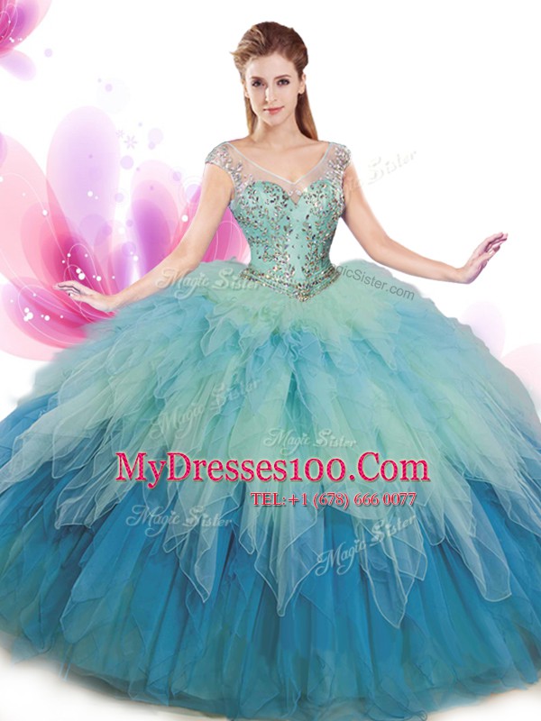 Multi-color Tulle Lace Up V-neck Cap Sleeves Floor Length Sweet 16 Dresses Beading and Ruffles