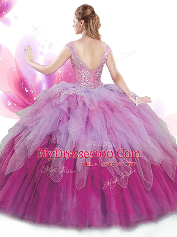 Multi-color Tulle Lace Up V-neck Cap Sleeves Floor Length Sweet 16 Dresses Beading and Ruffles