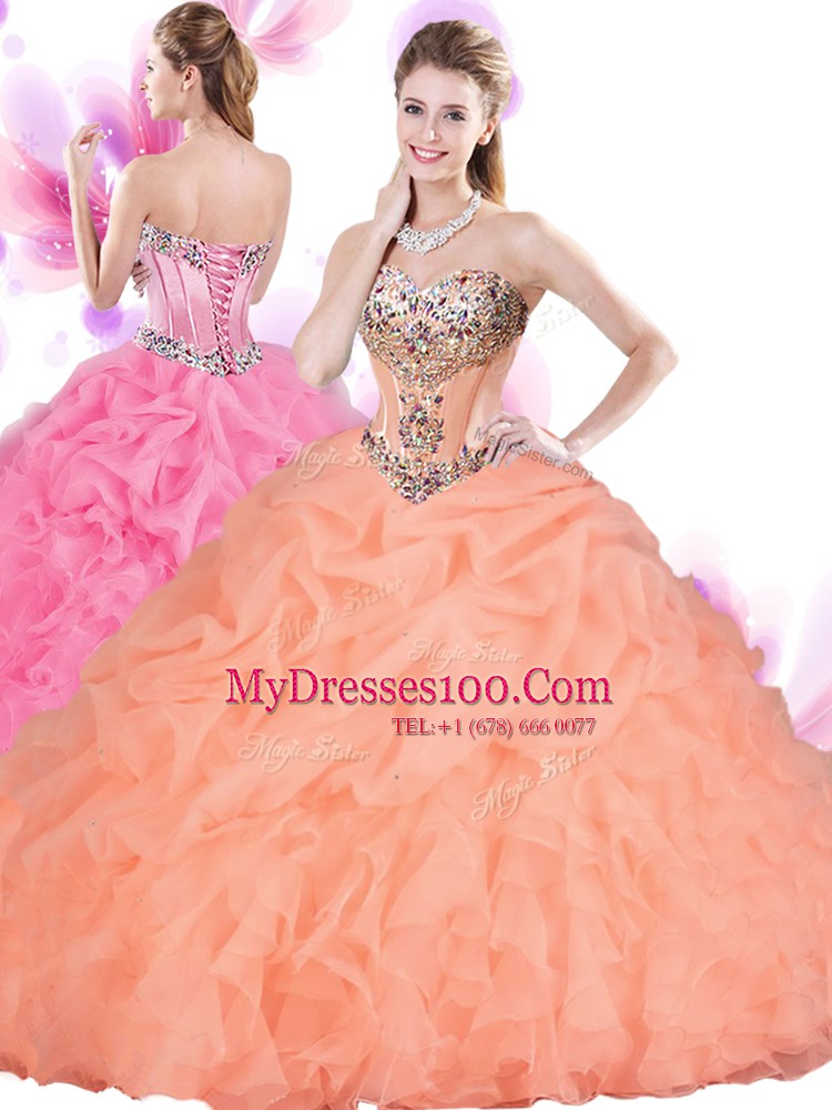 Classical Orange Red Sleeveless Floor Length Beading and Ruffles Lace Up Sweet 16 Dresses
