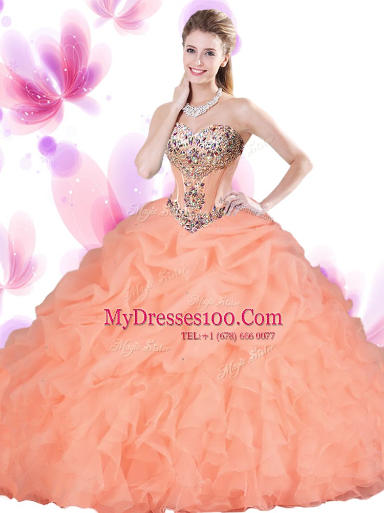 Classical Orange Red Sleeveless Floor Length Beading and Ruffles Lace Up Sweet 16 Dresses