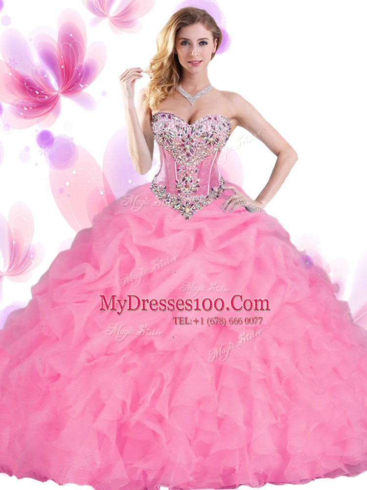 Classical Orange Red Sleeveless Floor Length Beading and Ruffles Lace Up Sweet 16 Dresses