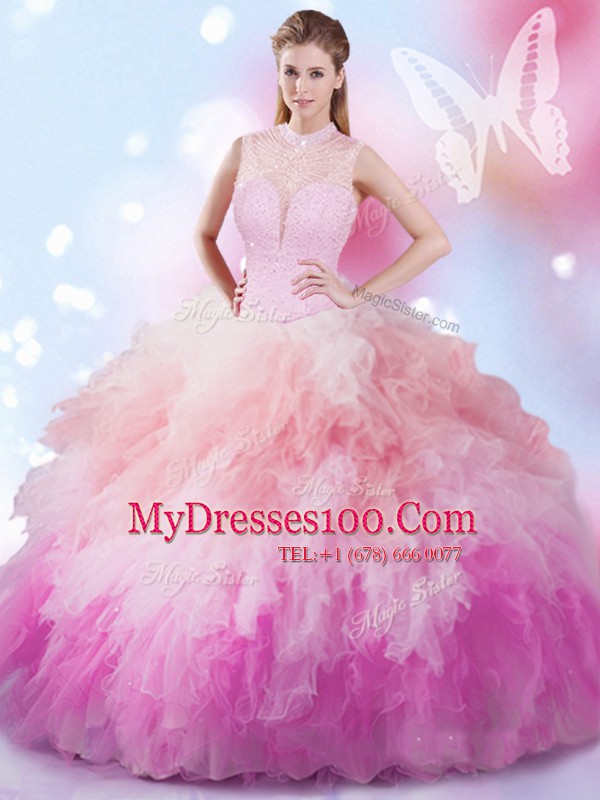 Ball Gowns 15 Quinceanera Dress Multi-color High-neck Tulle Sleeveless Floor Length Lace Up