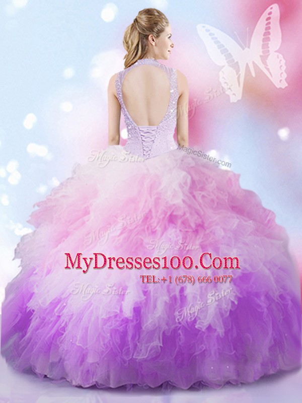 Ball Gowns 15 Quinceanera Dress Multi-color High-neck Tulle Sleeveless Floor Length Lace Up