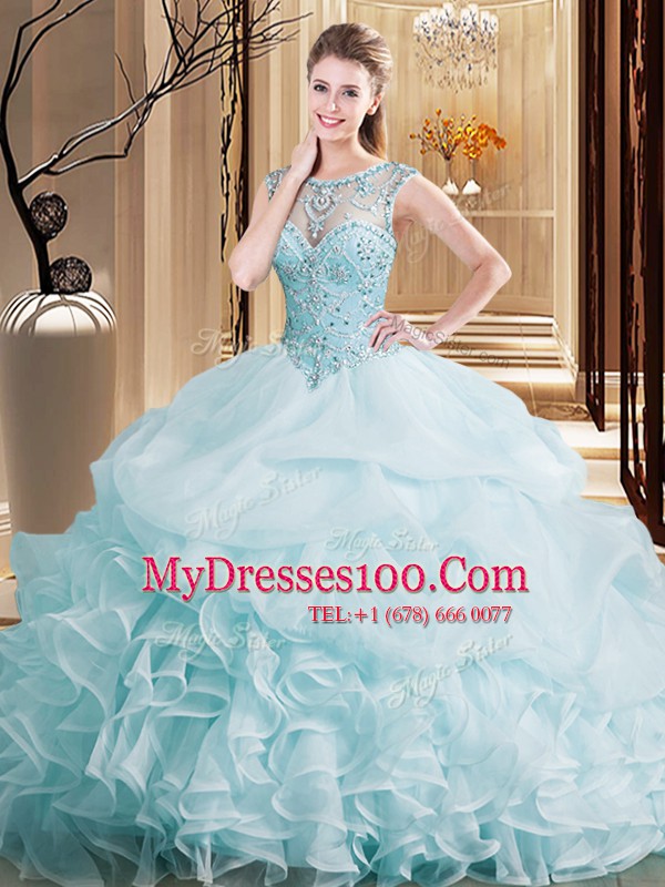 Scoop Pick Ups Light Blue Sleeveless Organza Brush Train Lace Up Sweet 16 Dresses for Military Ball and Sweet 16 and Quinceanera